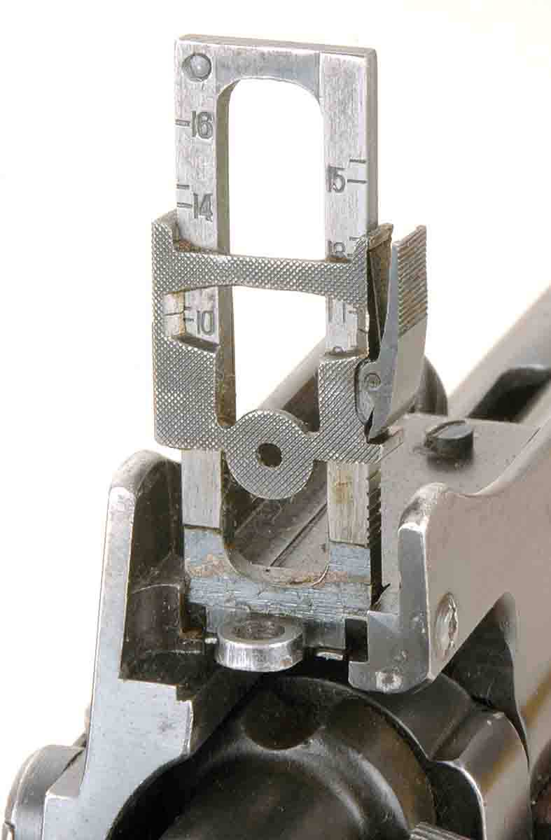 Mike considers the Pattern 1914’s aperture rear sight arrangement  superior to the open rear sights of SMLE No. 1 Mk IIIs. Note the protective wings along sight.